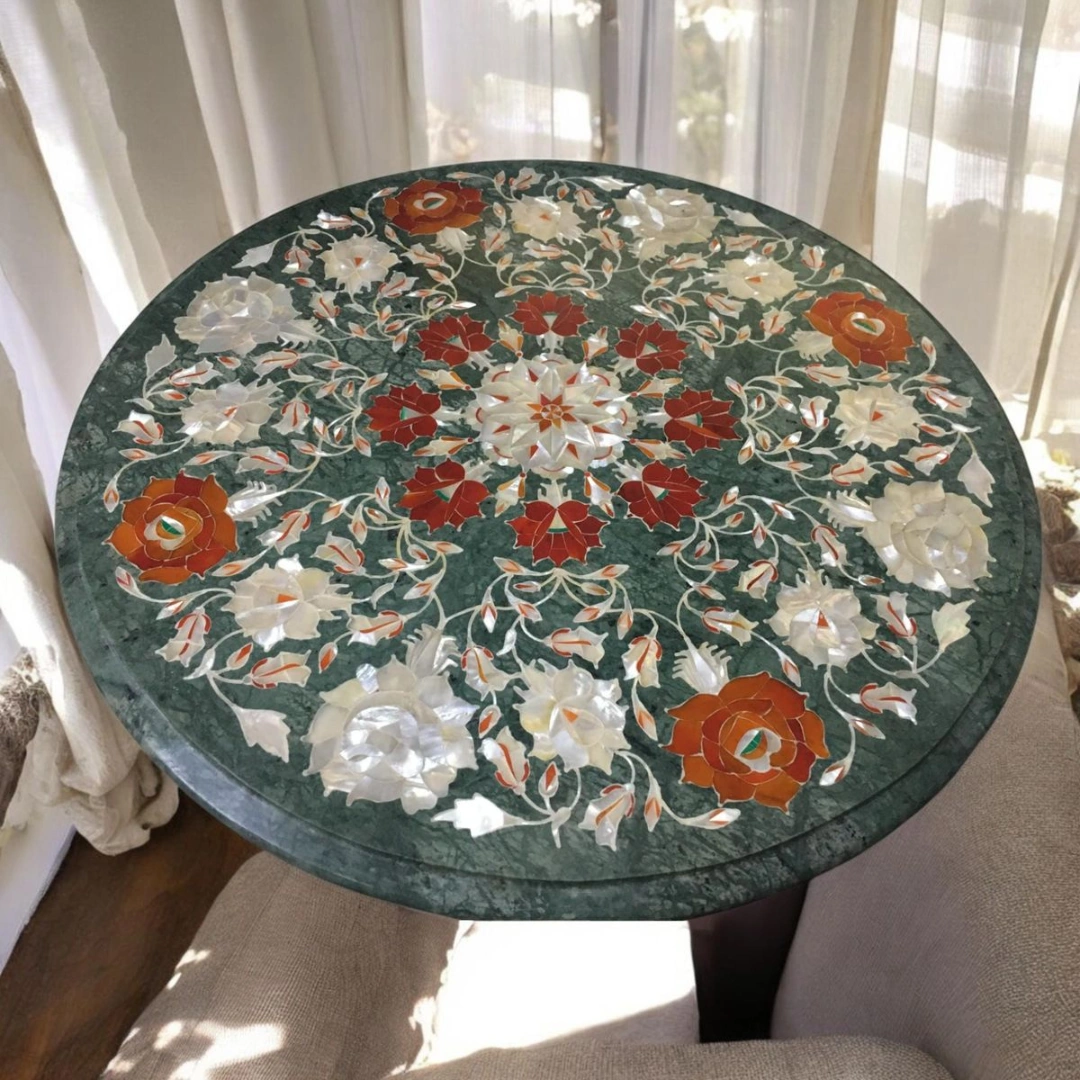Green Marble Table - Mother Pearl Inlay Work by OM ART and CRAFT