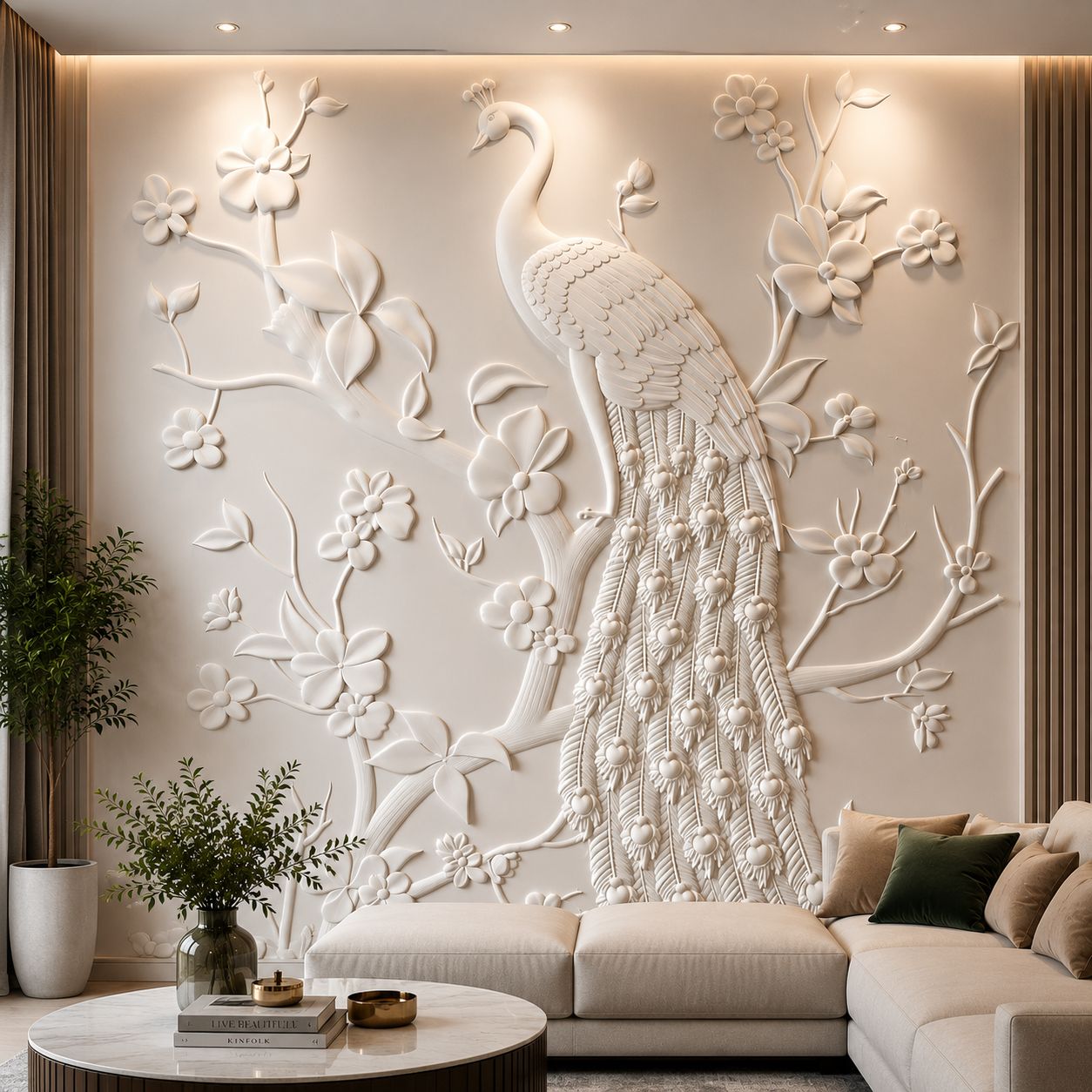 Luxury Corian Peacock Wall Panel with 3D Floral Carving - Corian Wall Panel by OM ART and CRAFT