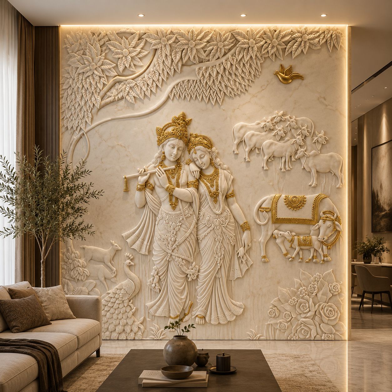 Luxury Corian Radha Krishna Wall Panel with Cow - Corian Wall Panel by OM ART and CRAFT