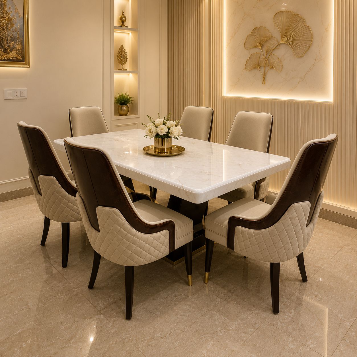 Luxury Marble Dining Table Set with Quilted Chairs