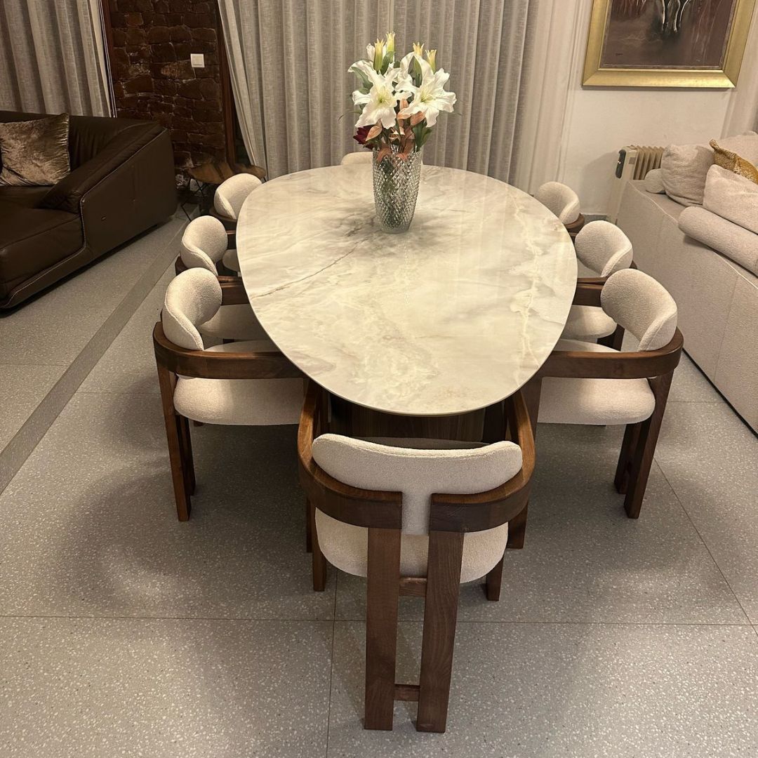 Luxury Oval Marble Dining Table Set with Wooden Chairs