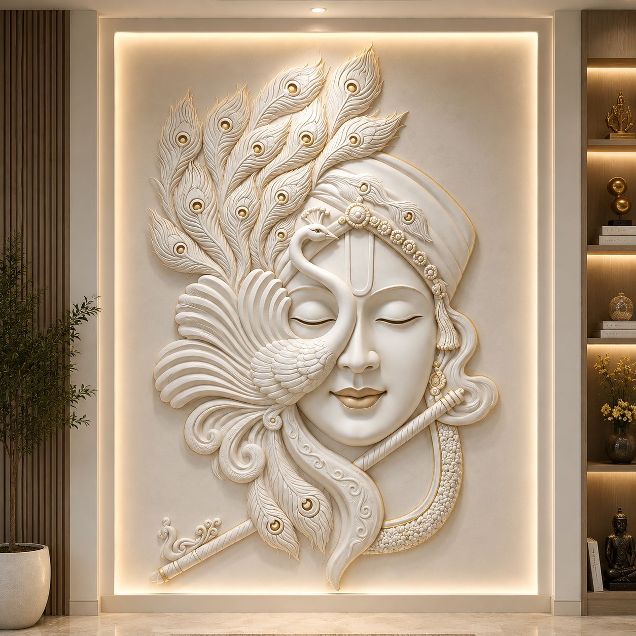 Luxury Corian Krishna Face Wall Panel with Peacock Feather