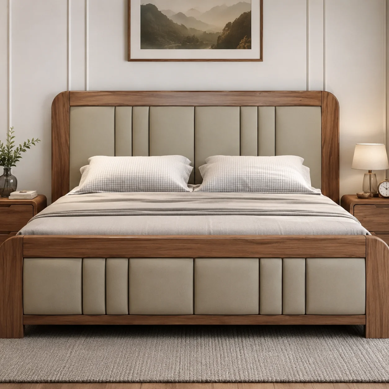 Modern Wooden King Size Bed with Upholstered Headboard