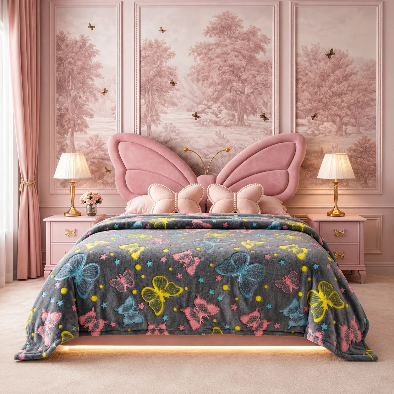 Pink Butterfly Upholstered Bed for Girls