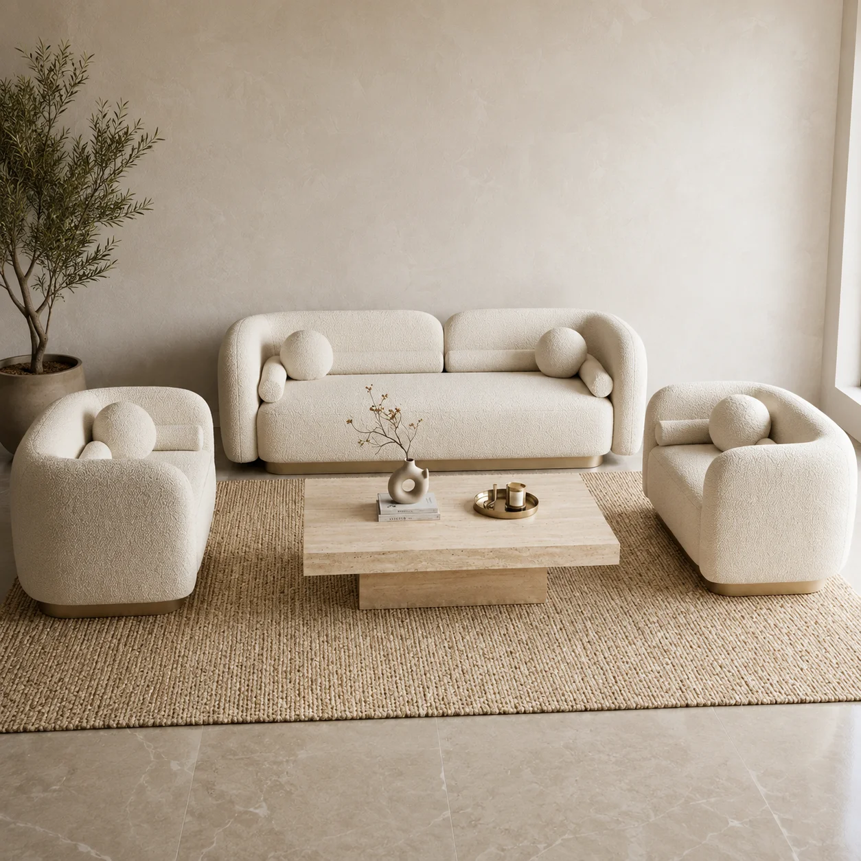 Modern White Bouclé 3+1+1 Seater Sofa Set