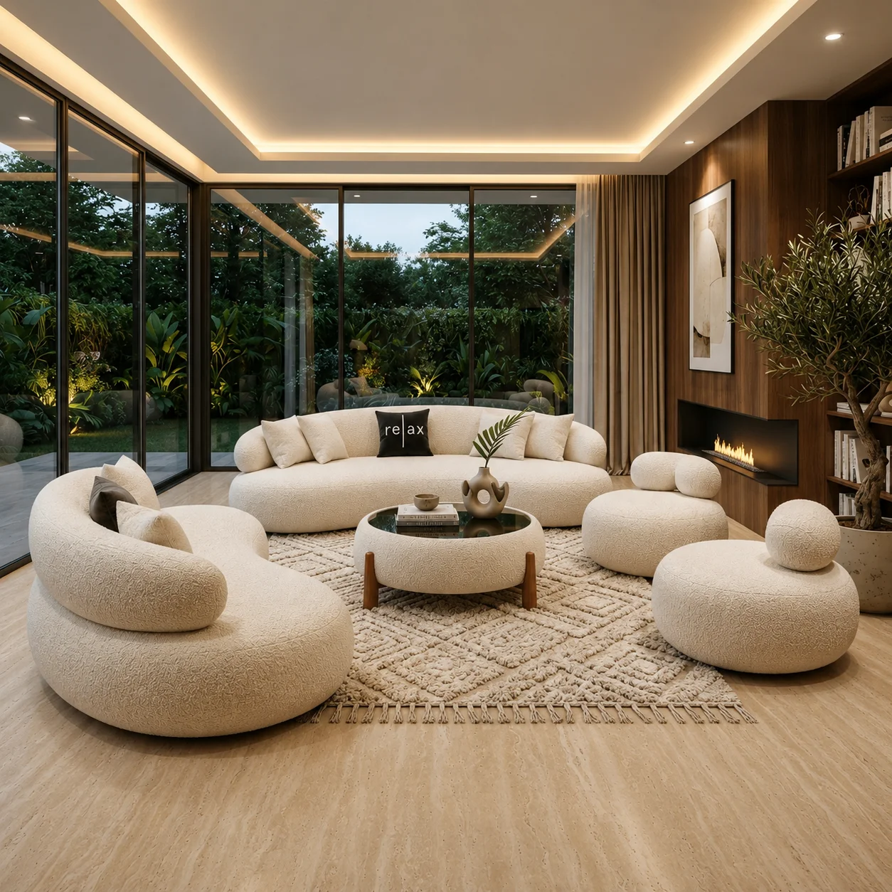 Luxury White Bouclé Curved Sofa Set