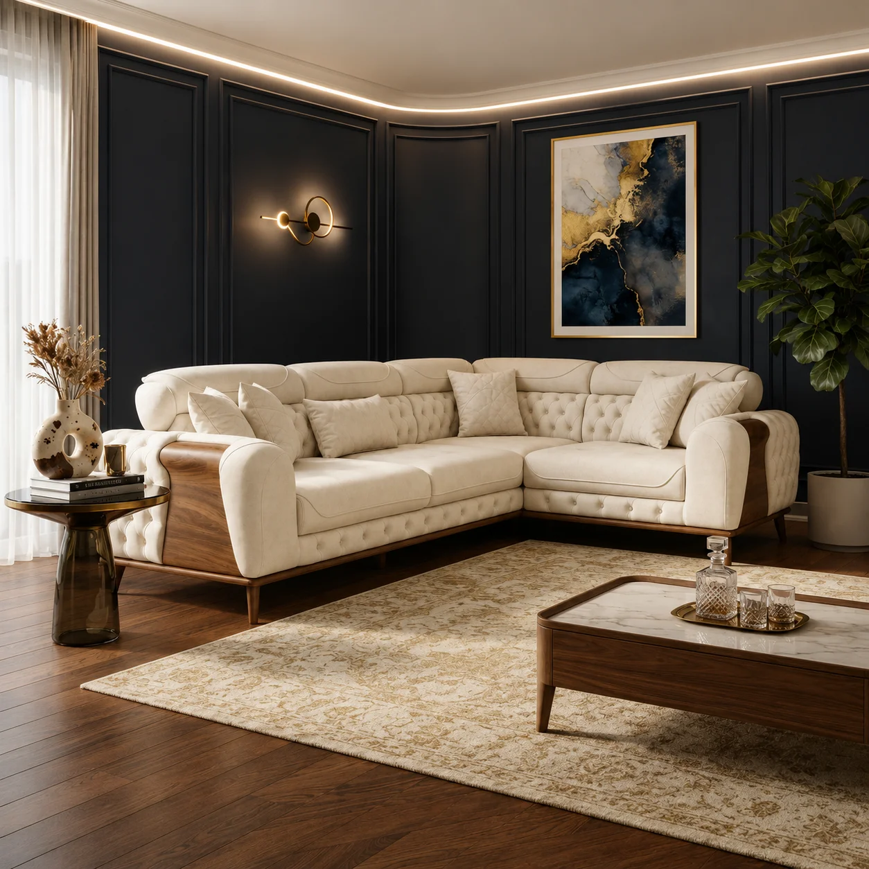 Luxury L-Shaped Wooden Frame Upholstered Sofa Set