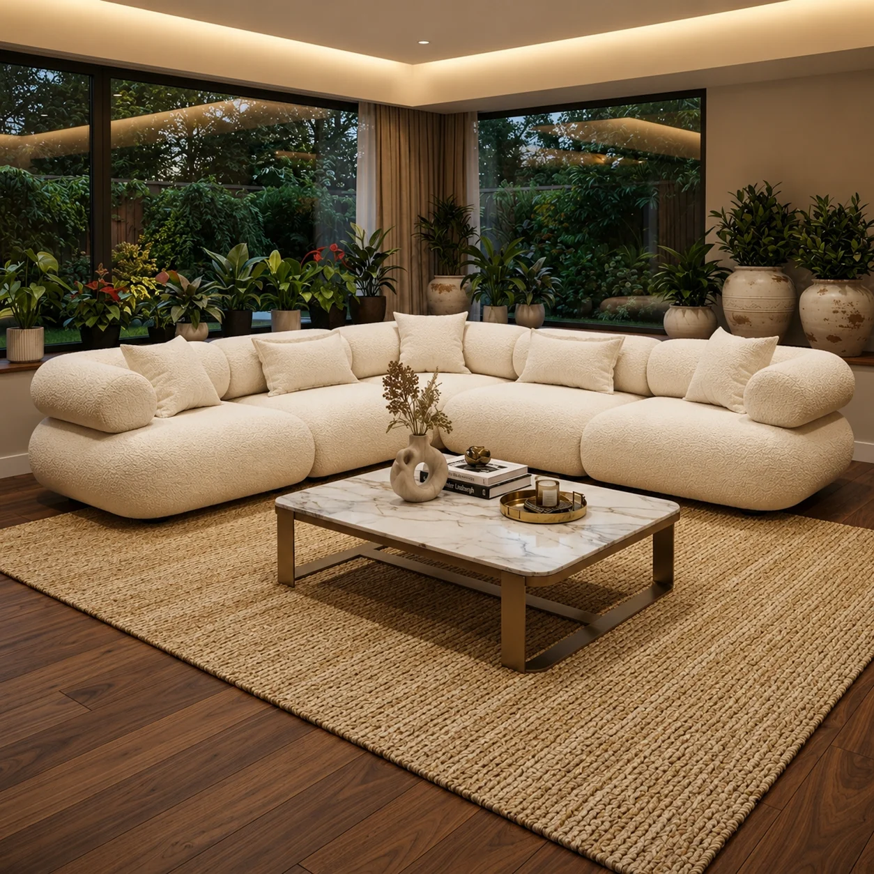 Luxury White Bouclé U-Shaped Sectional Sofa Set
