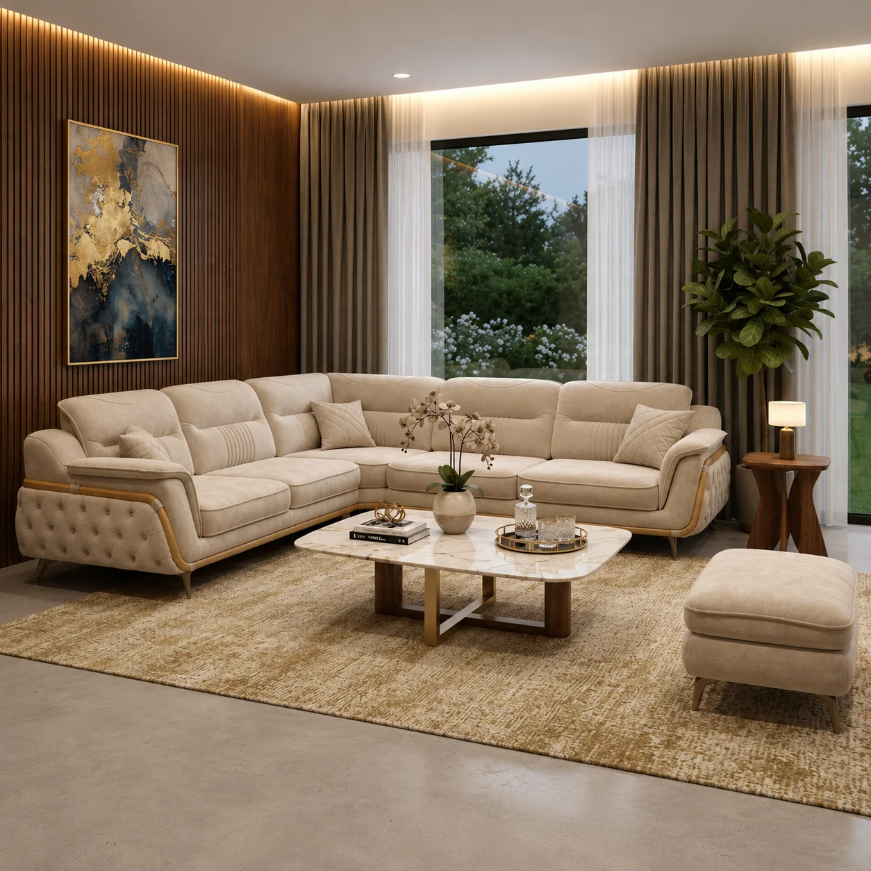 Luxury L-Shaped Cream Sofa Set