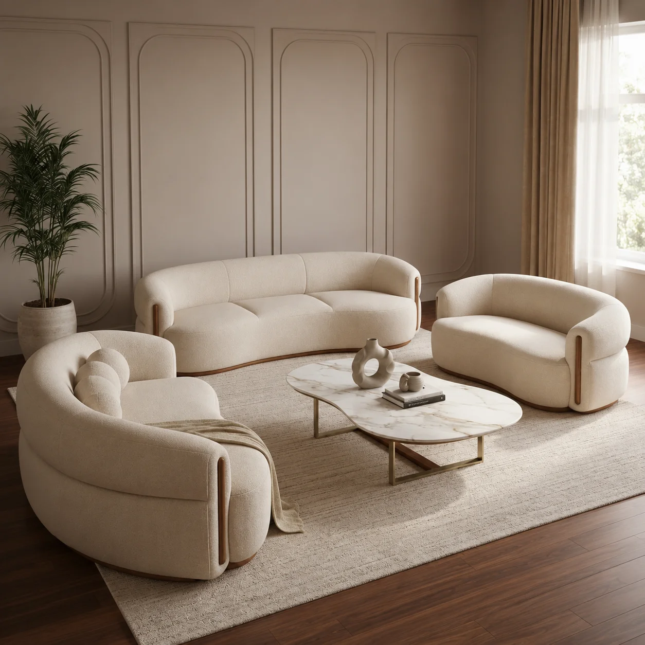 Modern Curved White Bouclé 3-Piece Sofa Set