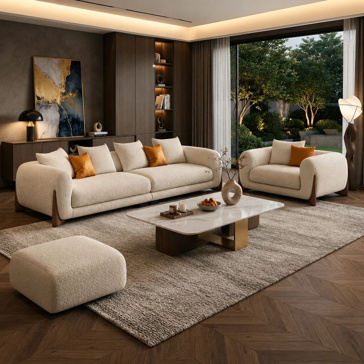 Luxury White Bouclé 4+1 Seater Sofa Set with Ottoman