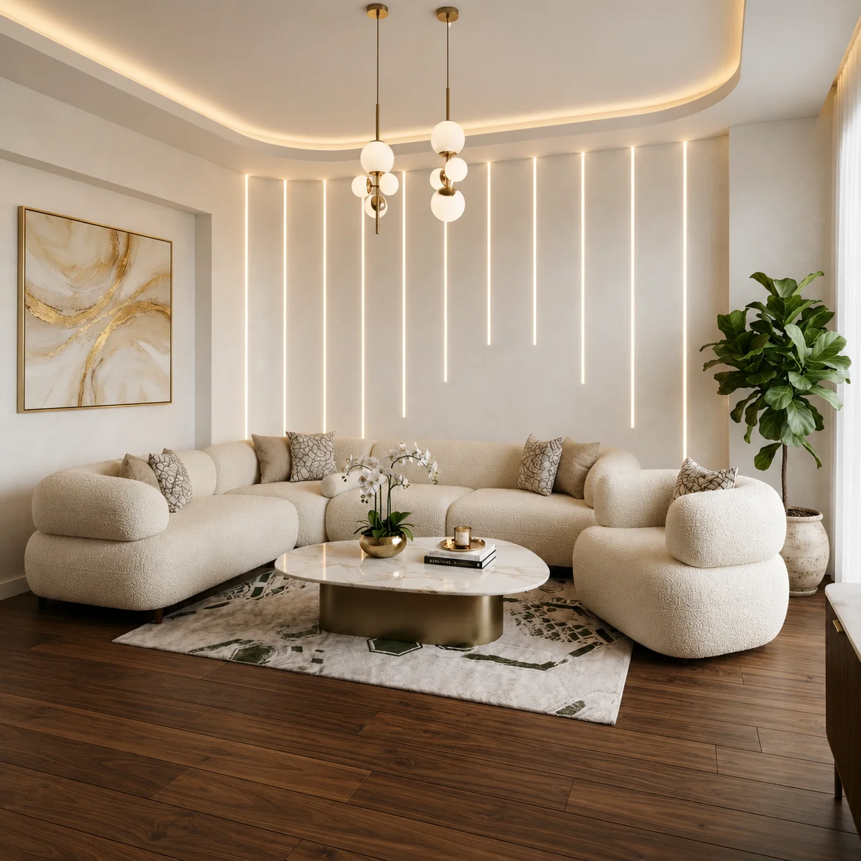 Luxury White Bouclé L-Shaped Sofa Set