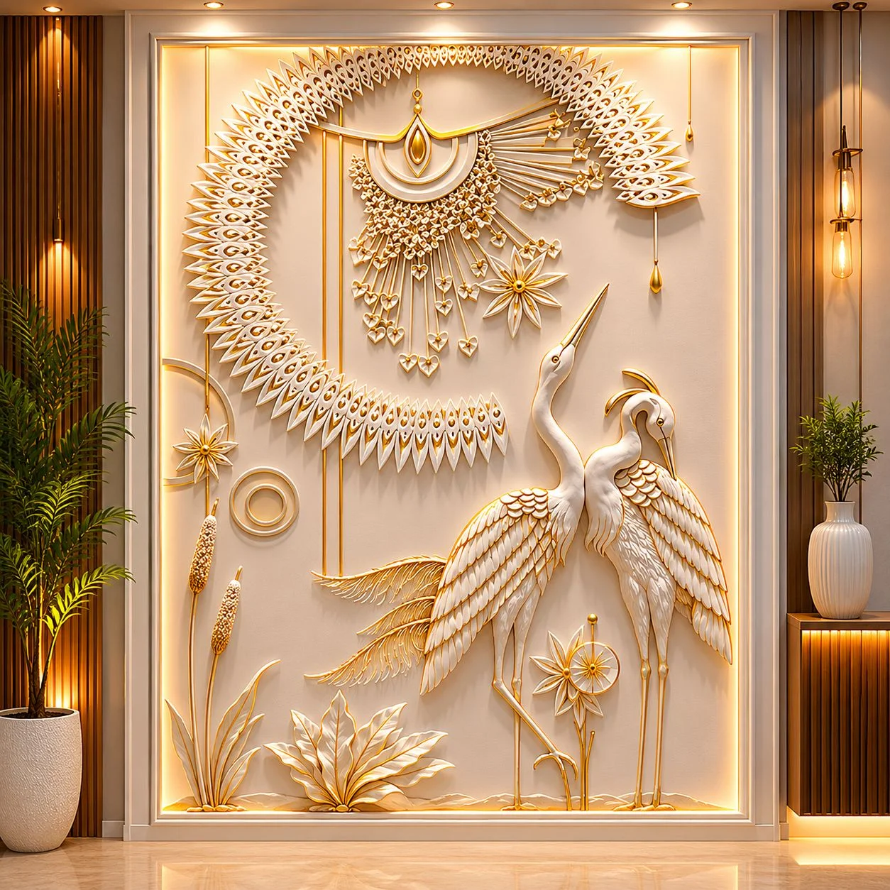 Luxury Corian Crane Birds Wall Panel with Golden